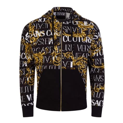 versace jeans full zip printed hoodie black|versace hoodie cheap.